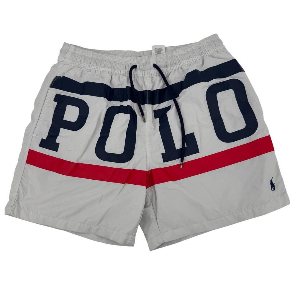 Poloβ Ralph Lauren Throwback 90's Spell Out Swim Shorts Large White Pony